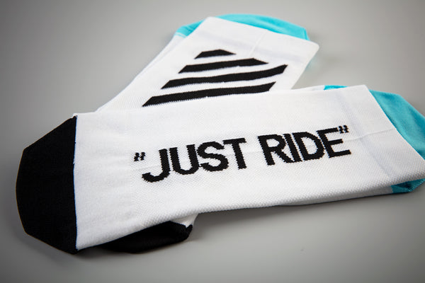 just ride white cycling socks text Pongo London cycling socks best cycling socks